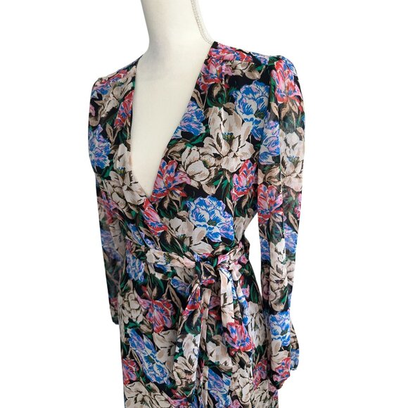 WAYF Floral Ruffle Midi Wrap Dress Size Medium - Picture 2 of 10